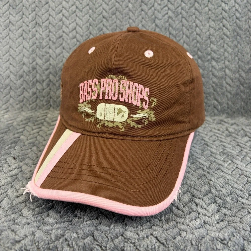 Bass Pro Shops Brown Pink Distressed Embroidered Logo Adjustable Hat Cap